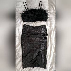 SOLD Sincerely Jules Black Sequin Skirt and Feather Crop Top Set